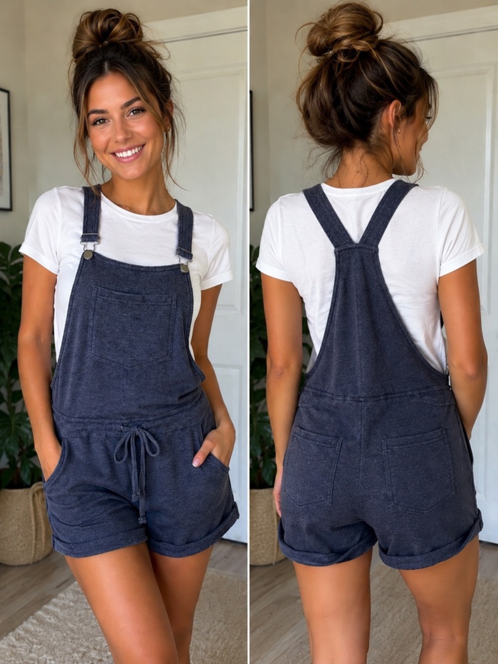 WallFlower French Terry Shortalls Blue Denim Look Drawstring